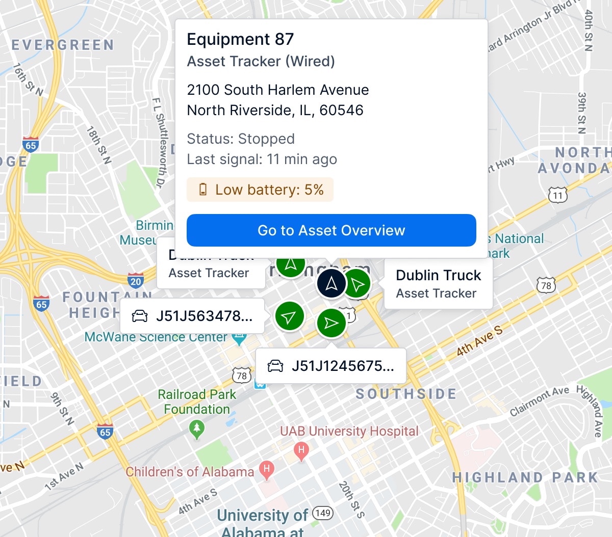 A map view showing an asset tracker labeled “Equipment 87” with its address, battery status, and an option to go to the asset overview. Several nearby vehicles and asset tracker icons are clustered together on the map for easier viewing.